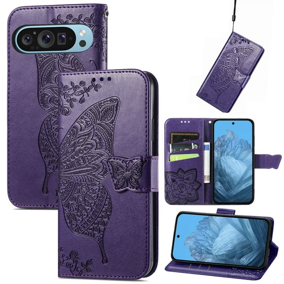 Dteck Butterfly Pattern Wallet Case for Google Pixel 9 Pro XL,Magnetic Leather Card Slots Flip Case Shockproof Kickstand Cover with Wrist Strap for Google Pixel 9 Pro XL,Purple