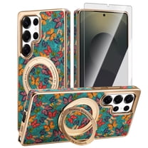 Dteck Butterfly Patterned Magnetic Case with Tempered Glass Screen Protector for Samsung Galaxy S25 Ultra,Luxury Leather PC Case Compatible with Mag Safe Ring Holder Kickstand Shockproof Cover ,Blue