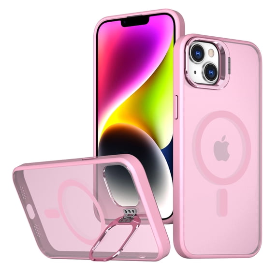 Dteck Camera Metal Ring Stand Case for iPhone 14 / iPhone 13,Shockproof TPU Magnetic Mag-Safe Case Matte PC Slim Back Cover,Pink