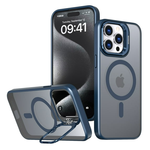 Dteck Camera Metal Ring Stand Case for iPhone 15 Pro Max,Shockproof TPU Magnetic Mag-Safe Case Matte PC Slim Back Cover,Blue