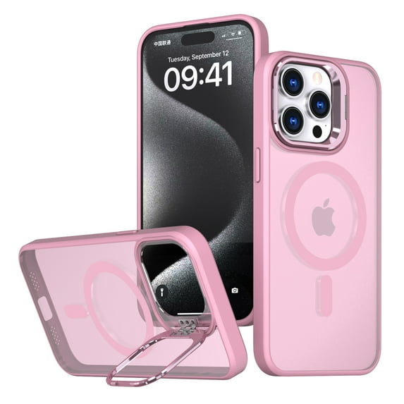 Dteck Camera Metal Ring Stand Case for iPhone 15 Pro Max,Shockproof TPU Magnetic Mag-Safe Case Matte PC Slim Back Cover,Pink