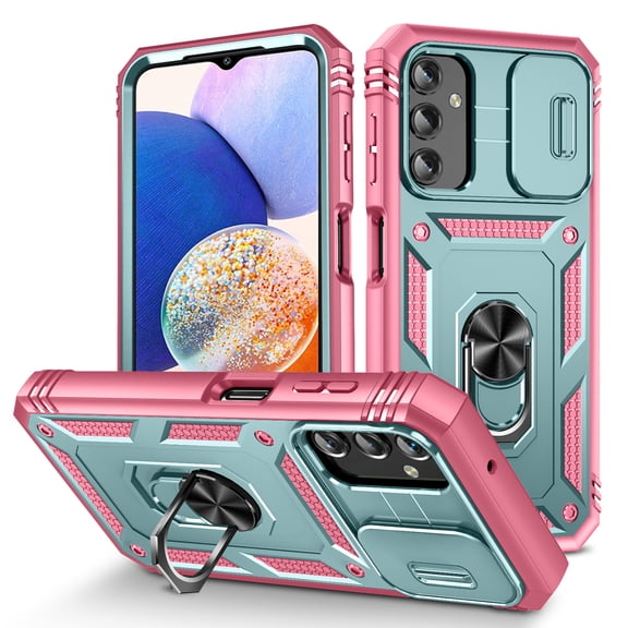 Dteck Magnetic Built-in Rotate Kickstand Ring Case for Samsung Galaxy A36 5G, Shockproof Rugged Slide Lens Hard PC TPU Bumper Protective Cover, Green+Pink