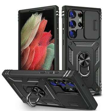 Dteck Card Holder Case for Samsung Galaxy S23 Ultra,Shockproof Rubber Rugged Slide Camera Lens Cover Built-in 360° Rotate Kickstand Magnetic Protective Case for Galaxy S23 Ultra,Black+Black