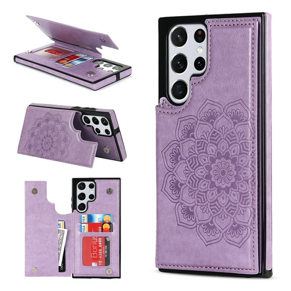 Dteck Card Holder Case for Samsung Galaxy S23,Magnetic Flower Back Flip Case Wallet Protective Kickstand Phone Cover for Galaxy S23,Purple