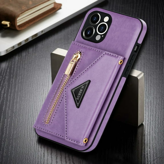 Dteck Card Holder Wallet Back Case for Apple iPhone 12 Pro Max 6.7-inch,Shockproof Rubber Silicone Bumper Leather Card Pocket Hybrid Protective Kickstand Cover with Cross Body Shoulder Strap,Purple
