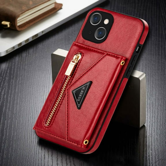 Dteck Card Holder Wallet Back Case for Apple iPhone 13 6.1-inch,Shockproof Rubber Silicone Bumper PU Leather Card Pocket Hybrid Protective Kickstand Cover with Cross Body Shoulder Strap,Red