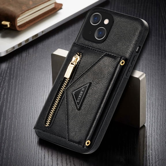 Dteck Card Holder Wallet Back Case for Apple iPhone 13 6.1-inch,Shockproof Rubber Silicone Bumper PU Leather Card Pocket Hybrid Protective Kickstand Cover with Cross Body Shoulder Strap,Black