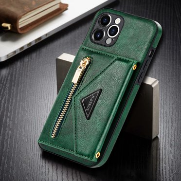 Dteck Card Holder Wallet Back Case for Apple iPhone 13 Pro 6.1-inch,Shockproof Rubber Silicone Bumper PU Leather Card Pocket Hybrid Protective Kickstand Cover with Cross Body Shoulder Strap,Green
