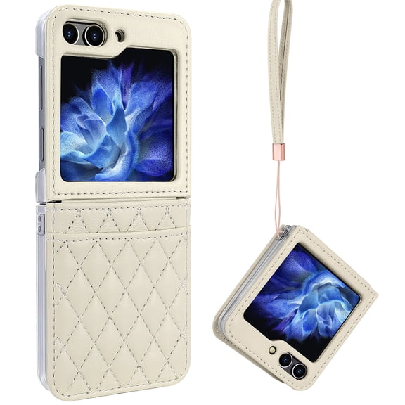 Dteck Card Holder Wallet Case for Samsung Galaxy Z Flip 4,Luxury Leather Hinge Protection Case Hybrid PC Back Cover with Wrist Strap for Samsung Galaxy Z Flip 4,White