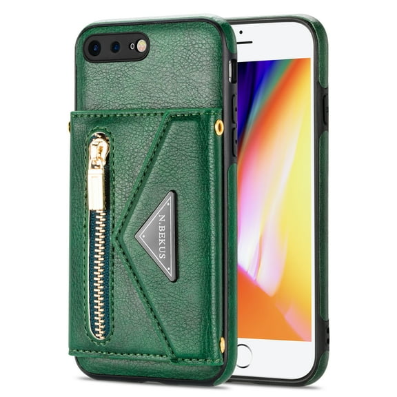 Dteck Card Holder Wallet Zipper Back Case for Apple iPhone 7 Plus 5.5-inch,iPhone 8 Plus Shockproof Rubber Silicone Leather Card Pocket Hybrid Kickstand Cover with Cross Body Shoulder Strap,Green