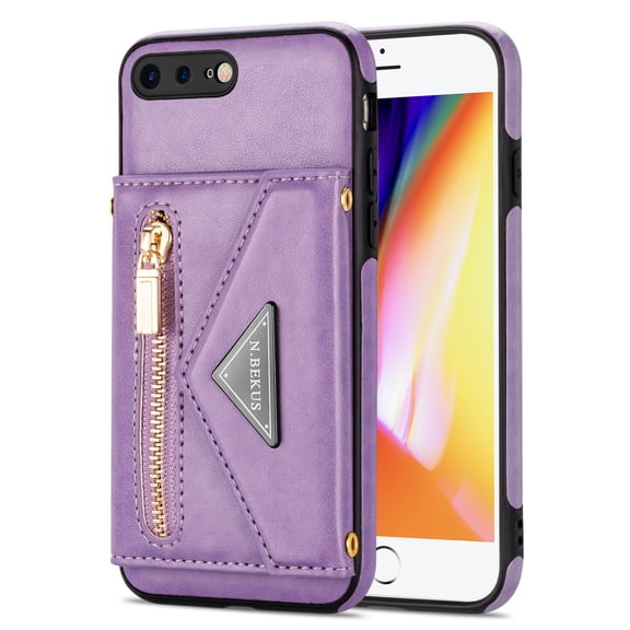 Dteck Card Holder Wallet Zipper Back Case for Apple iPhone 7 Plus 5.5-inch,iPhone 8 Plus Shockproof Rubber Silicone Leather Card Pocket Hybrid Kickstand Cover with Cross Body Shoulder Strap,Purple