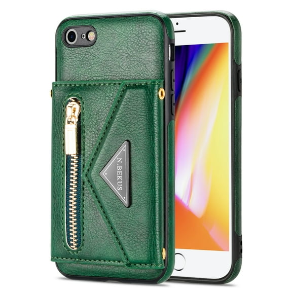 Dteck Card Holder Wallet Zipper Back Case for iPhone SE 2022 4.7-inch,iPhone 8/7 Shockproof Rubber Hybrid Leather Kickstand iPhone SE 2nd Gen 2020 Cover with Cross Body Shoulder Strap,Green
