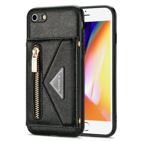 Dteck Card Holder Wallet Zipper Back Case for iPhone SE 2022 4.7-inch,iPhone 8/7 Shockproof Rubber Hybrid Leather Kickstand iPhone SE 2nd Gen 2020 Cover with Cross Body Shoulder Strap,Black