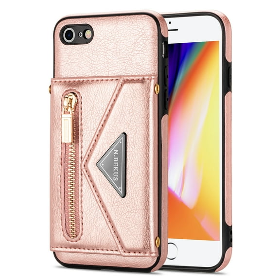 Dteck Card Holder Wallet Zipper Back Case for iPhone SE 2022 4.7-inch,iPhone 8/7 Shockproof Rubber Hybrid Leather Kickstand iPhone SE 2nd Gen 2020 Cover with Cross Body Shoulder Strap,Pink