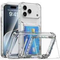 Dteck Card Slot Case with Tempered Glass Screen Protector for iPhone 17 Pro Max, Shockproof TPU PC Case Card Holder Wallet Kickstand Back Cover,Clear