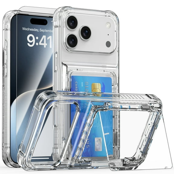 Dteck Card Slot Case with Tempered Glass Screen Protector for iPhone 17 Pro Max, Shockproof TPU+PC Case Card Holder Wallet Kickstand Back Cover,Clear
