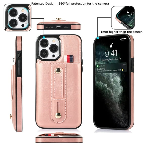 Dteck Card Slot Cover for iPhone 14 Pro 2022 Release, Durable PU Leather Surface Rugged PC Shell Strap Kickstand Drop Resistant Shockproof Luxury Fashion Case for iPhone 14 Pro Rosegold