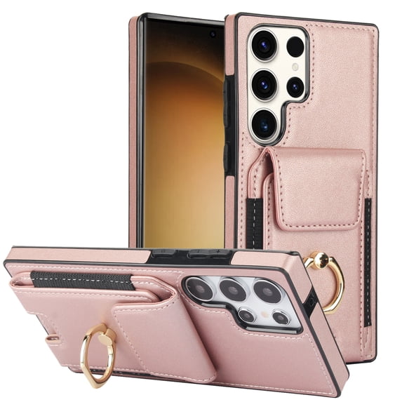 Dteck Card Slots Wallet Case for Samsung Galaxy S23 Ultra,Shockproof Premium PU Leather Kickstand Protective Cover with Ring Holder Back Case,Rosegold