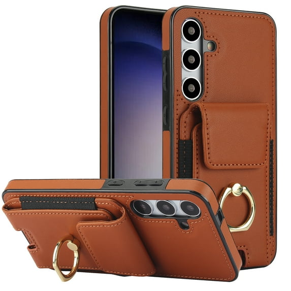 Dteck Card Slots Wallet Case for Samsung Galaxy A15 5G,Shockproof Premium PU Leather Kickstand Protective Cover with Ring Holder Back Case,Brown