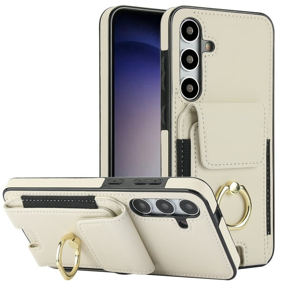 Dteck Card Slots Wallet Case for Samsung Galaxy S23 FE,Shockproof Premium PU Leather Kickstand Protective Cover with Ring Holder Back Case,Apricot