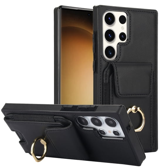 Dteck Card Slots Wallet Case for Samsung Galaxy S23 Ultra,Shockproof Premium PU Leather Kickstand Protective Cover with Ring Holder Back Case,Black