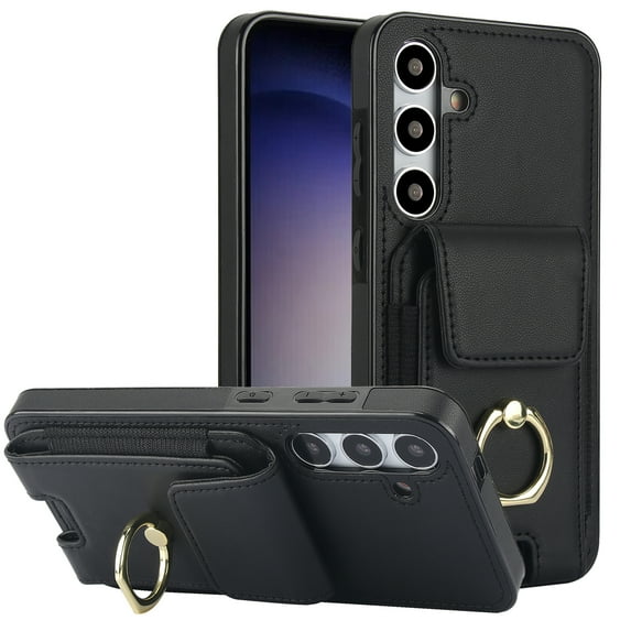 Dteck Card Slots Wallet Case for Samsung Galaxy S24,Shockproof Premium PU Leather Kickstand Protective Cover with Ring Holder Back Case,Black