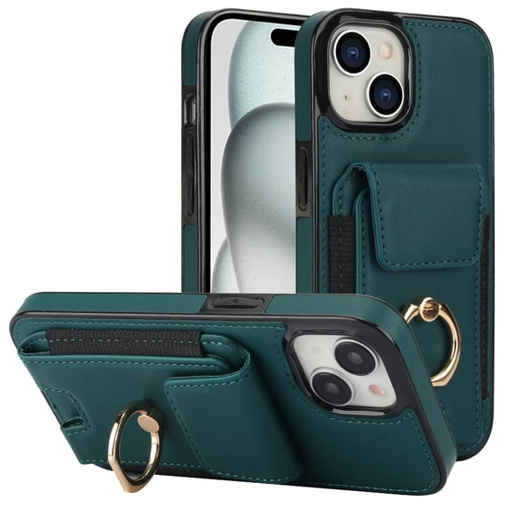 Dteck Card Slots Wallet Case for iPhone 13 mini,Shockproof Premium PU Leather Kickstand Protective Cover with Ring Holder Back Case,Green