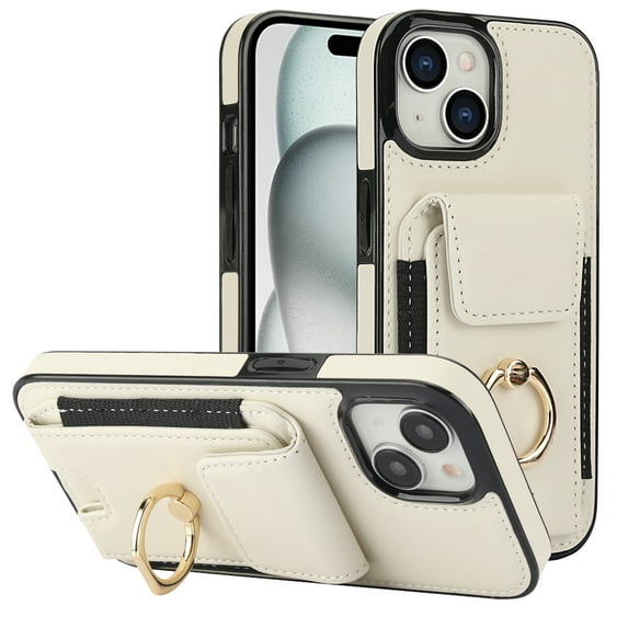 Dteck Card Slots Wallet Case for iPhone 14 Plus,Shockproof Premium PU Leather Kickstand Protective Cover with Ring Holder Back Case,Apricot