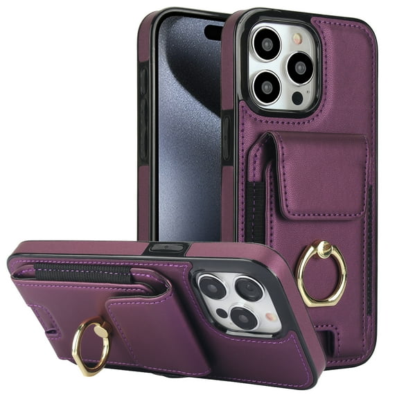 Dteck Card Slots Wallet Case for iPhone 14 Pro Max,Shockproof Premium PU Leather Kickstand Protective Cover with Ring Holder Back Case,Purple