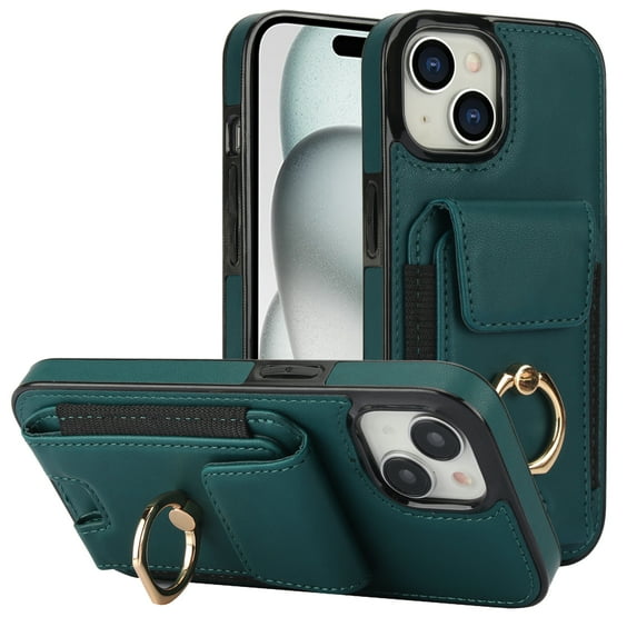 Dteck Card Slots Wallet Case for iPhone 14,Shockproof Premium PU Leather Kickstand Protective Cover with Ring Holder Back Case,Green