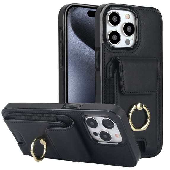 Dteck Card Slots Wallet Case for iPhone 15 Pro Max,Shockproof Premium PU Leather Kickstand Protective Cover with Ring Holder Back Case,Black