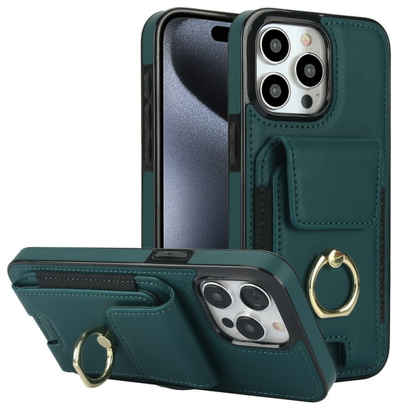Dteck Card Slots Wallet Case for iPhone 15 Pro,Shockproof Premium PU Leather Kickstand Protective Cover with Ring Holder Back Case,Green