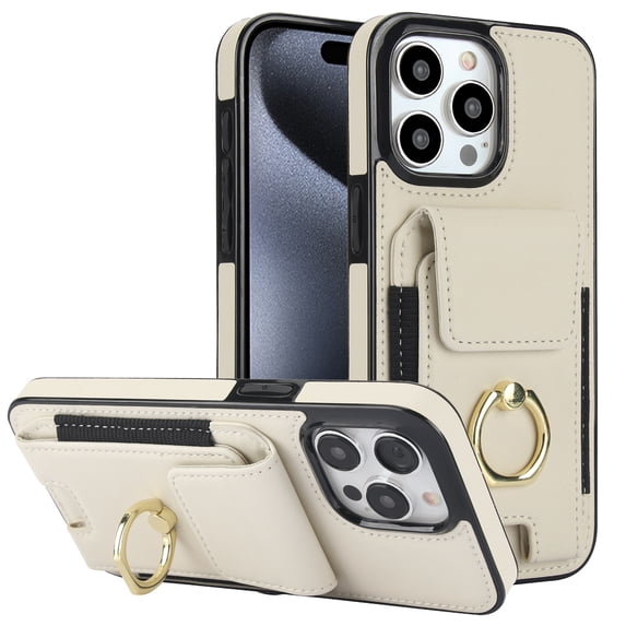 Dteck Card Slots Wallet Case for iPhone 12 / iPhone 12 Pro,Shockproof Premium PU Leather Kickstand Protective Cover with Ring Holder Back Case,Apricot