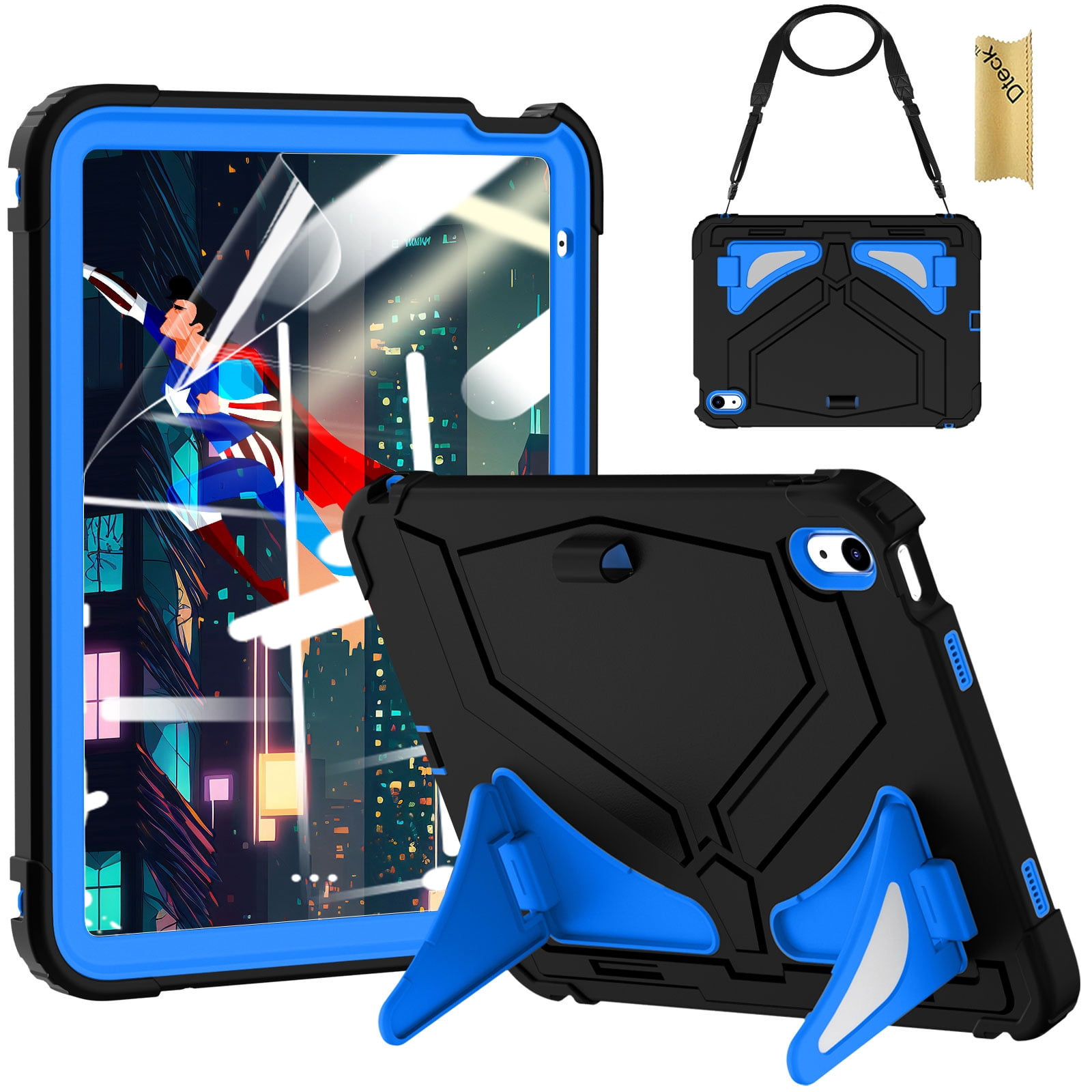 Dteck Case for 2025 Apple 11-inch iPad A16/ 10.9-inch iPad 10th Generation 2025 Cover with Pencil Holder Screen Protector Shoulder Strap Kicsktand Thickned Cornor for Kids Boys,Black Blue