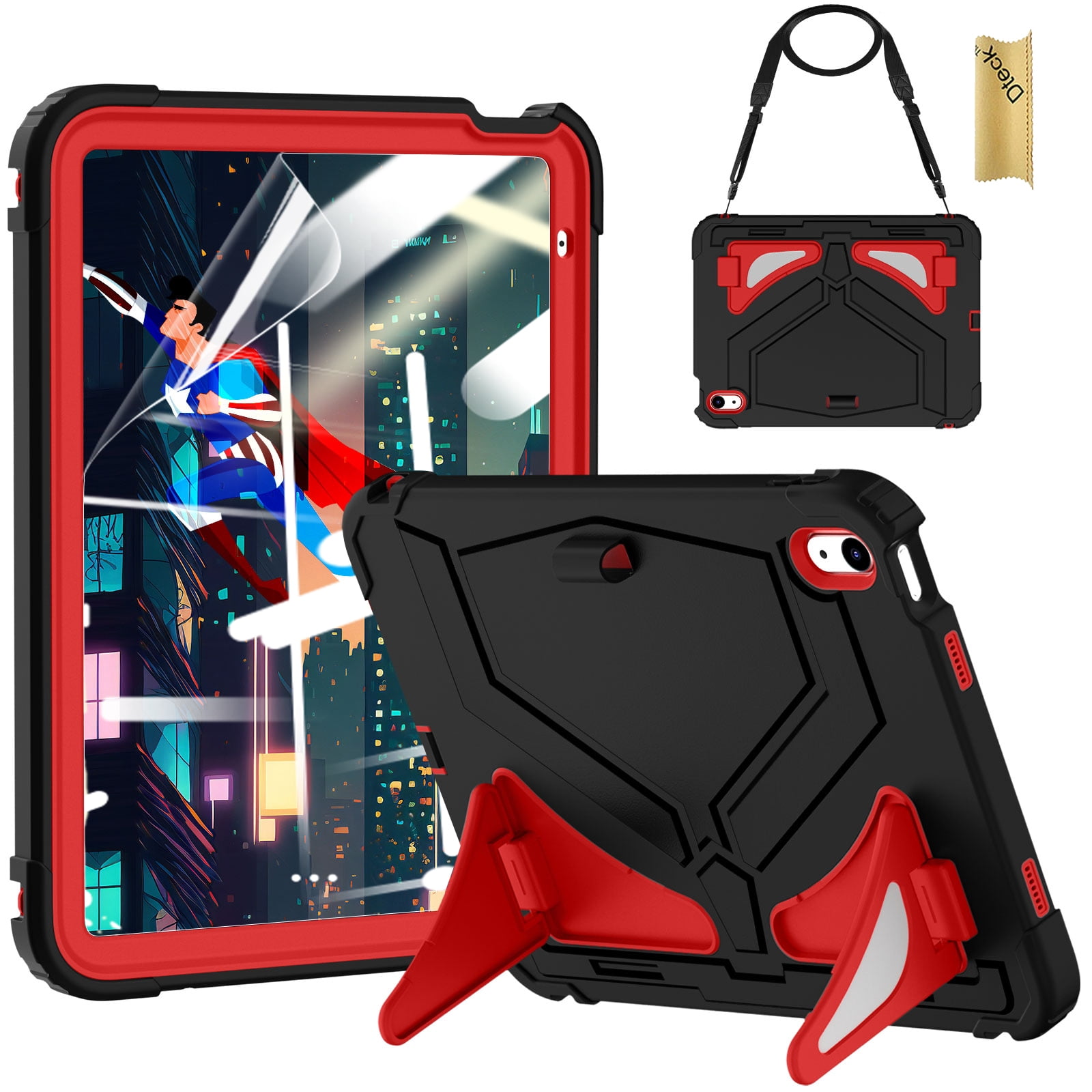 Dteck Case for 2025 Apple 11-inch iPad A16/ 10.9-inch iPad 10th Generation 2025 Cover with Pencil Holder Screen Protector Shoulder Strap Kicsktand Thickned Cornor for Kids Boys,Black Red