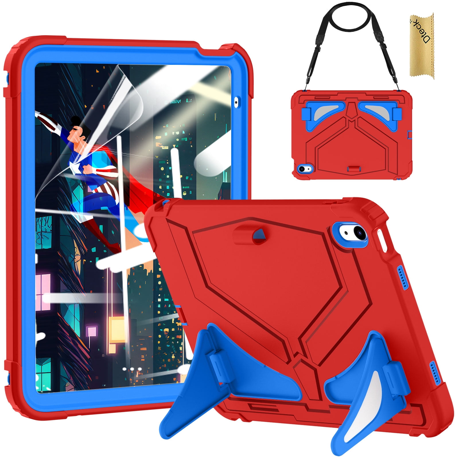 Dteck Case for 2025 Apple 11-inch iPad A16/ 10.9-inch iPad 10th Generation 2025 Cover with Pencil Holder Screen Protector Shoulder Strap Kicsktand Thickned Cornor for Kids Boys,Red Blue