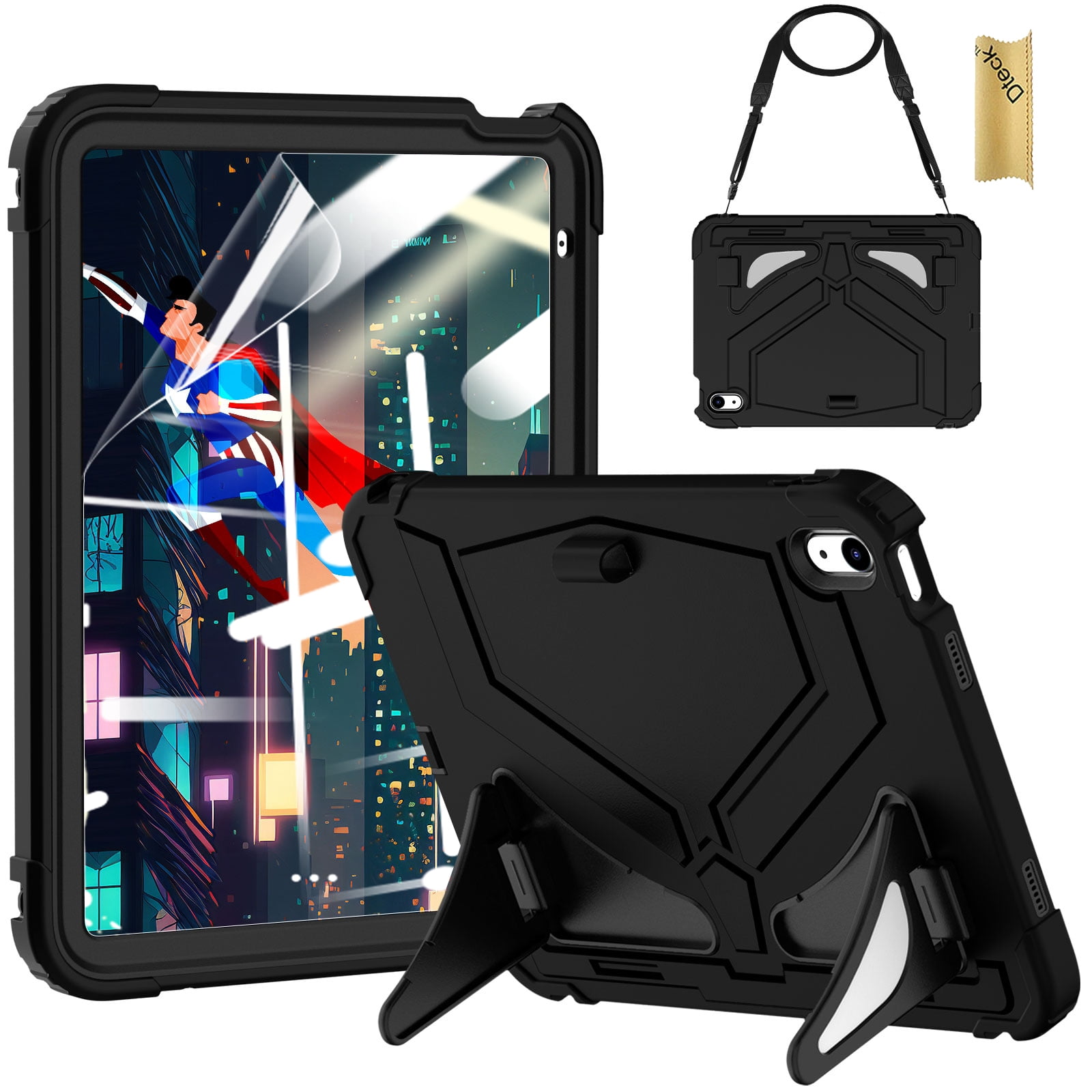 Dteck Case for 2025 Apple 11-inch iPad A16/ 10.9-inch iPad 10th Generation 2025 Cover with Pencil Holder Screen Protector Shoulder Strap Kicsktand Thickned Cornor for Kids Boys,Black