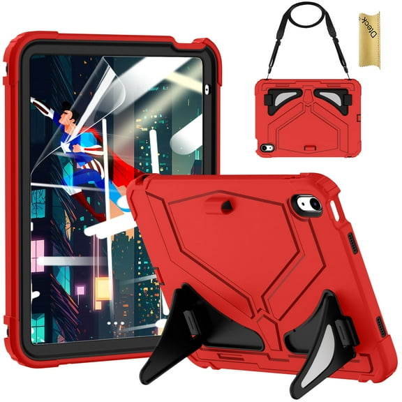 Dteck Case for 2025 Apple 11-inch iPad A16/ 10.9-inch iPad 10th Generation 2025 Cover with Pencil Holder Screen Protector Shoulder Strap Kicsktand Thickned Cornor for Kids Boys,Red Black