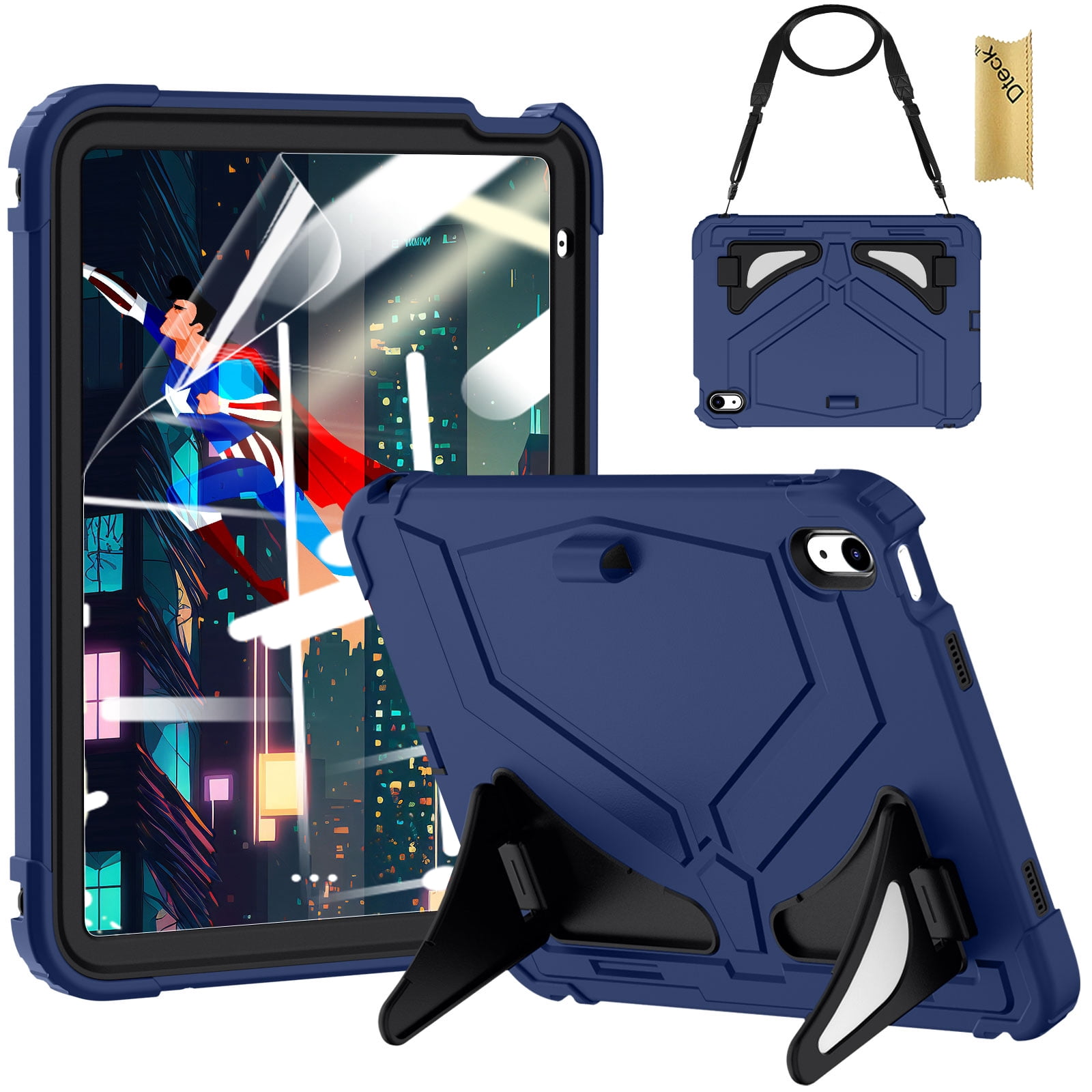Dteck Case for 2025 Apple 11-inch iPad A16/ 10.9-inch iPad 10th Generation 2025 Cover with Pencil Holder Screen Protector Shoulder Strap Kicsktand Thickned Cornor for Kids Boys,Blue Black