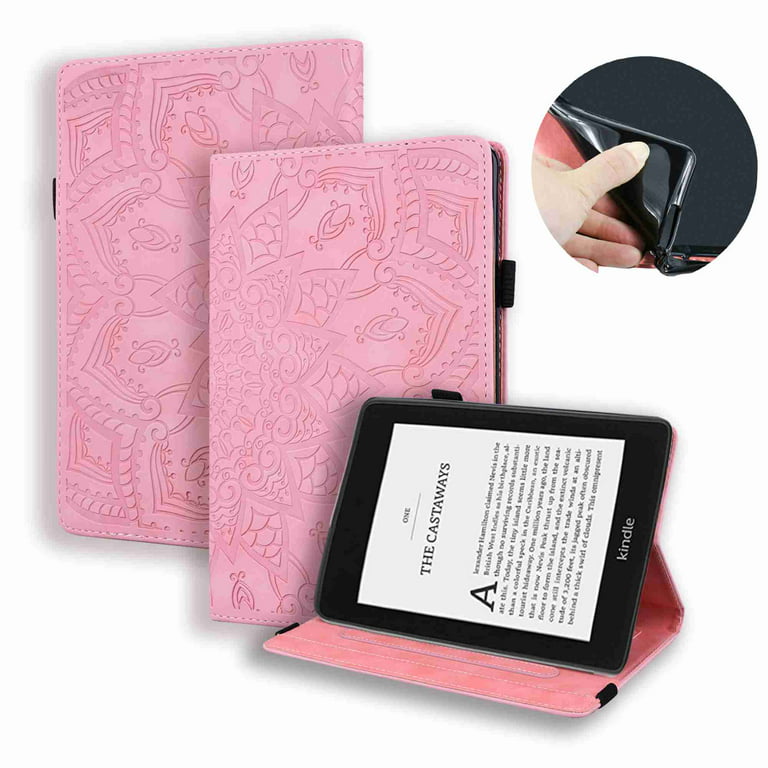 Dteck Case for 6.8  Kindle Paperwhite 11th 2021 Embossed Premium PU  Leather Book Wallet Cover with Auto Wake/Sleep Floral Folio Stand with  Multi-Angle Viewing Elastic Strap, Pink 