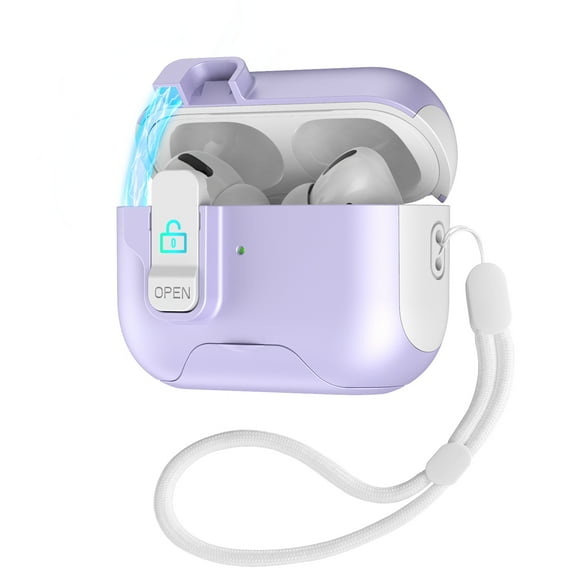 Dteck Case for Airpods Pro 2 (2022) with Automatic Lock and Lanyard, Kickstand Design Shockproof Protection Cover for Women Men with Wrist Strap, Whitepurple