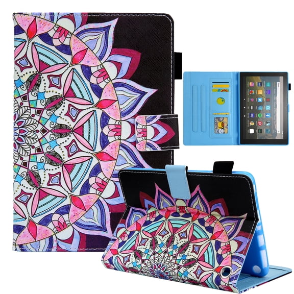 Dteck Case for All-New Amazon Kindle Fire 7 Tablet 12th Generation (2022 Release),Magnetic Leather Pattern Card Slots Wallet Smart Case Shockrpoof Rubber Kickstand Cover,National Mandala
