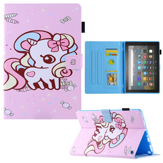 Dteck Case for All-New Kindle Fire 7 (12th Generation, 2022 Released) ,Magnetic Smart Pattern Leather Card Slots Wallet Case Shockproof Rubber Kickstand Cover,Candy and Horse