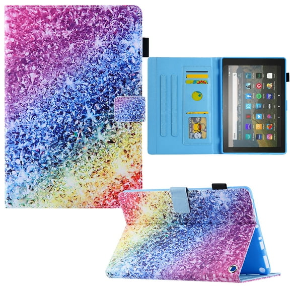 Dteck Case for All-New Kindle Fire 7 (12th Generation, 2022 Released) ,Magnetic Smart Pattern Leather Card Slots Wallet Case Shockproof Rubber Kickstand Cover,Diamonds
