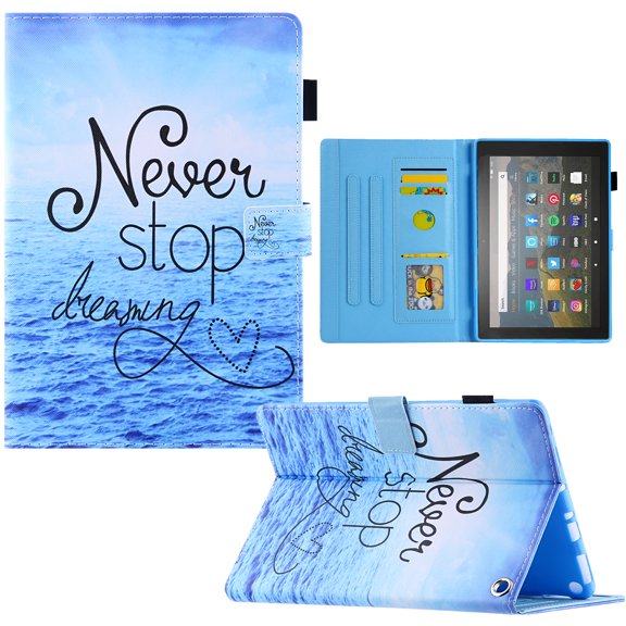 Dteck Case for All-New Kindle Fire 7 (12th Generation, 2022 Released) ,Magnetic Smart Pattern Leather Card Slots Wallet Case Shockproof Rubber Kickstand Cover,Never Stop
