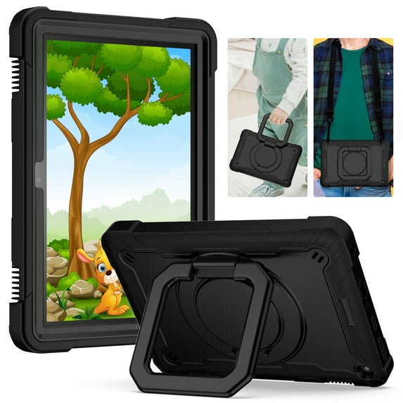 Dteck Case for All-New Kindle Fire HD 8 Tablet(10th Generation 2020 Release) & Fire HD 8 Plus, 3 in 1 Hybrid Rugged Shockproof Handle Kickstand Case with Shoulder Strap, Black