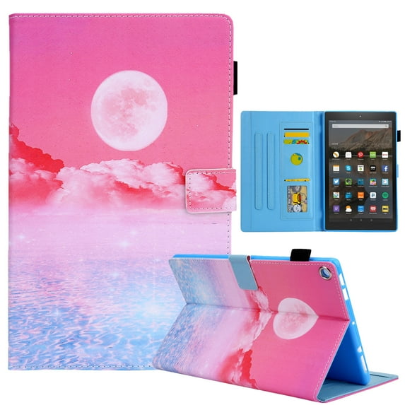 Dteck Case for Amazon Fire HD 10 10.1-inch 2019/2017 Model Magnetic Patterned PU Leather Card Holder Wallet Shell Kickstand Case Smart Cover with Auto Wake/Sleep,Moon