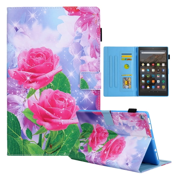 Dteck Case for Amazon Fire HD 10 10.1-inch 2019/2017 Model Magnetic Patterned PU Leather Card Holder Wallet Shell Kickstand Case Smart Cover with Auto Wake/Sleep,Rose