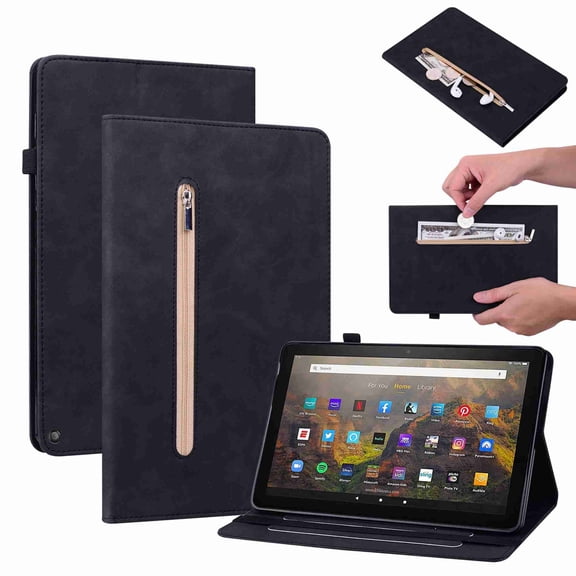 Dteck Case for Amazon Fire HD 10 (11th Generation) Case Zipper Folio Stand Cover PU Leather Wallet Proective Case with Card Holder for for Amazon Fire HD 10/10 Plus, Black