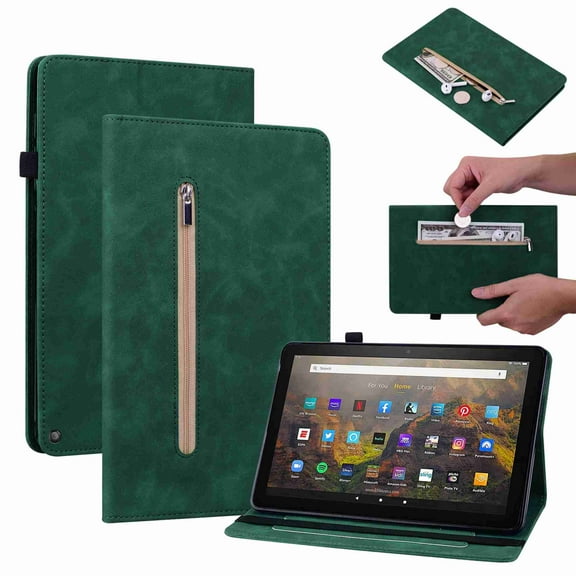Dteck Case for Amazon Fire HD 10 (11th Generation) Case Zipper Folio Stand Cover PU Leather Wallet Proective Case with Card Holder for for Amazon Fire HD 10/10 Plus, Green
